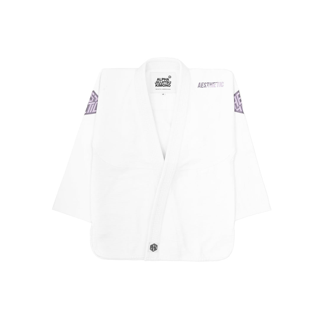 AESTHETIC The Alpha+ BJJ Gi – White/Lilac jacket front view