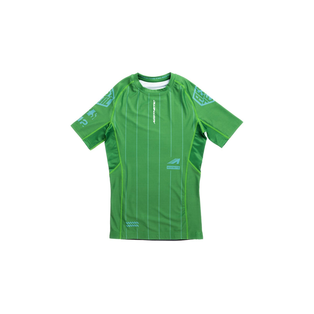 AESTHETIC UK Youth Short Sleeve Ranked Rashguard 2026 Green - front view